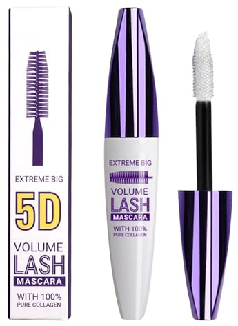 5D Seidenfaser Wimperntusche,Wasserfest,Volumengebende Mascara mit Kollagen,Voluminös,Verlängernd,Klumpenfrei,Intensiv Schwarz für Dramatisches Augen Make up für Cosplay und Make up Show (Weiß)