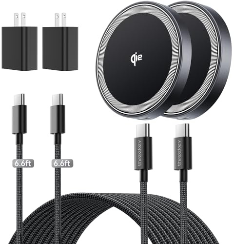 THREEKEY 2 Pack 15W Qi2 Certified Magnetic Wireless Charger 6.6ft Cable, Fast Charging Pad for iPhone 17-12&Airpods Series(20W Adapter Included)