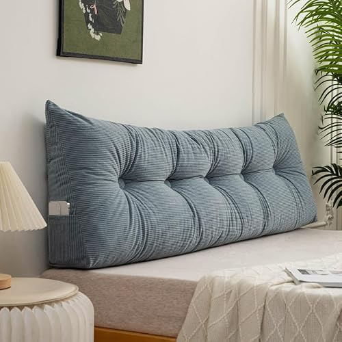 Generisch Rückenkissen Bett 180 cm Cord, Leseknochen Erwachsene Waschbar, Kopfteil Keilkissen Für Sofa, Mit Abnehmbarem Bezug Und Seitenfach, Dreieckiges Wandkissen Lendenkissen,Blau,40x 200cm