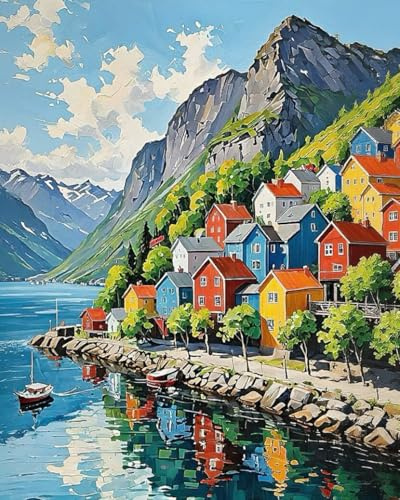 GEEHEIY Paint by Numbers for Adults, Village Painting Kits, 16 x 20 Inch | DIY Acrylic Painting Craft for Beginners, Relaxing Stress Relief Craft, Village Wall Decor, Coastal Home Decor, Gift Idea