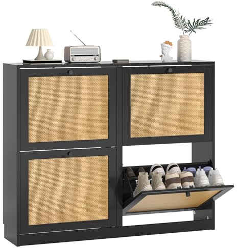 Skokliz Schuhschrank 4 Klappen, Schuhkipper, platzsparender Schuhregal, Schuhaufbewahrung, Trennwand verstellbar, für 16-24 Paar Schuhe, Diele, Flur, Garderobe, 23 x 102x 84 cm