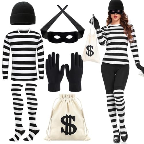 Bankräuber Kostüm Damen, Räuber Kostüme Erwachsene Damen, Dieb Kostüm, Panzerknacker Kostüme, Faschingskostüme Bankräuber mit Hut Hemd Maske Handschuhe Socken Tasche für Karneval Cosplay Party
