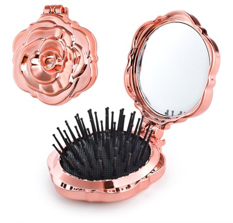 2 Pcs Travel Folding Hair Brush for Women - Rose Gold Mini Hair Brush for Purse, Compact Hairbrush with Mirror, Portable Pocket HairBrush for Wet & Dry Hair (Women & Girls)
