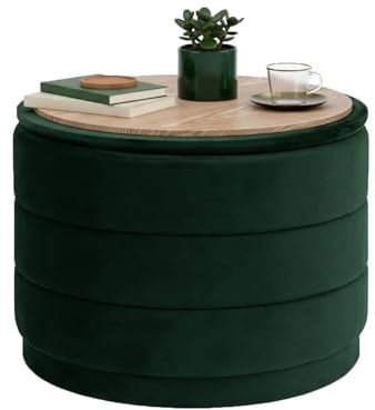 Bonlife Runde Ottomane mit Deckel, Klappbare Fußstütze mit Tisch, Fußstütze, Fußhocker für Wohnzimmer, Schlafzimmer, Flur, flaschengrüner Samt,58x58x44cm