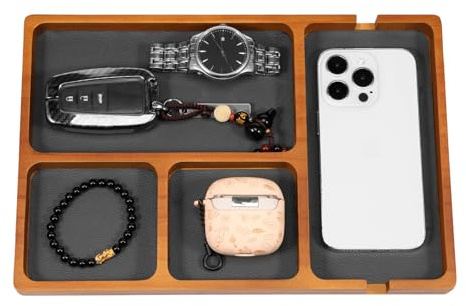 Wooden Valet Tray with PU Leather Lining, 4-Compartment EDC Catchall Tray, Desktop Storage Organizer for Phone, Earbuds, Keys, Watch, Wallet & Jewelry, Nightstand Organizer for Men Women