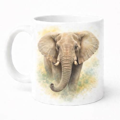 Brew Crew Gifts Elephant Watercolour Mug, 11 oz Ceramic, Dishwasher Safe, Microwave Safe, Wildlife Theme