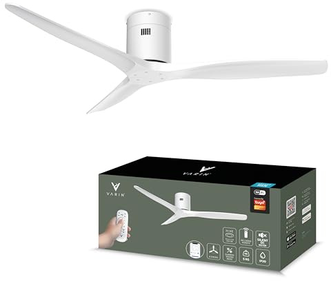 Varin® Smart Deckenventilator, Tuya WLAN, Lange Flügel, 6 Geschwindigkeiten, Ventilator Leise 20 dB, Deckenventilator mit Fernbedienung und App, Ø 132 cm, Weiß