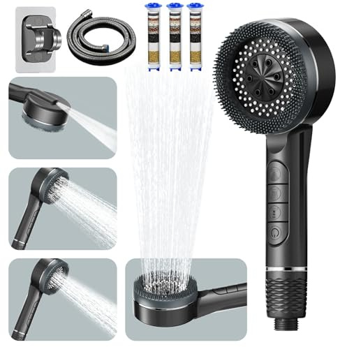 High Pressure Shower Head with 4 Spray Modes,Hard Water Filter Shower Heads with 1.5M Hose,Stand,Filter*3,Handheld Massage Shower Head with Pause Switch,Shower Filter for Chlorine Remove,Grey
