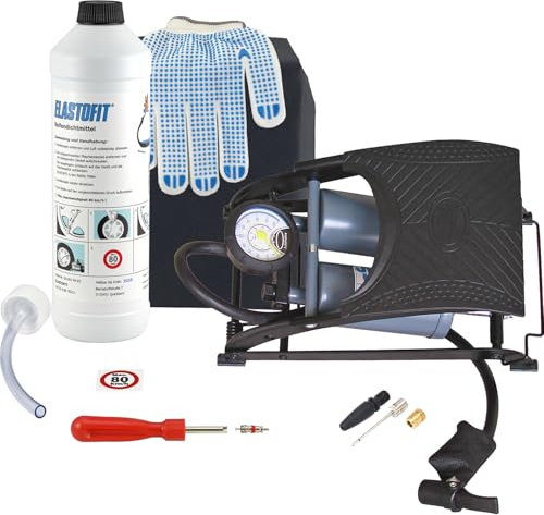ELASTOFIT Reifenpannenset MK3 Dichtmittel Fußpumpe Pannenset Dichtmittel 10 Jahre haltbar