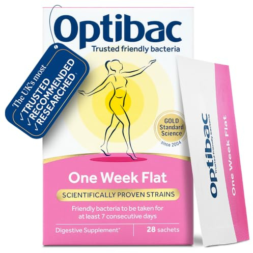 Optibac One Week Flat, Vegan Digestive Supplement, 4 Wk Supply, 28 Sachets | Suitable for bloating as gluten free | From the UK's most trusted & recommended friendly bacteria brand