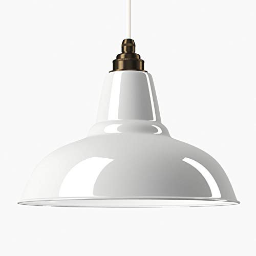 Relight Emaille-Leuchte Industrieleuchte Küchenleuchte Newton Weiß (Ø 28cm) an E27 Vintagefassung Old English, 2m Textilkabel Weiß