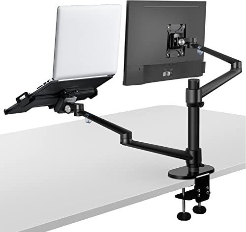 Viozon Monitor- und Laptop-Halterung, 2-in-1 verstellbare Doppelarm-Schreibtischhalterungen, Einzel-Tischarm-Ständer/Halterung für 43,2 bis 81,3 cm LCD-Computer-Bildschirme, extra Fach passend für