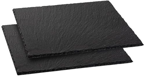 Argon Tableware Slate Serving Platter - Square - 33cm - Pack of 2 - Black Natural Slate Rustic Raw Cut Serving Platter Fruit Savoury Placemat Cheese Board with Soft Padded Feet