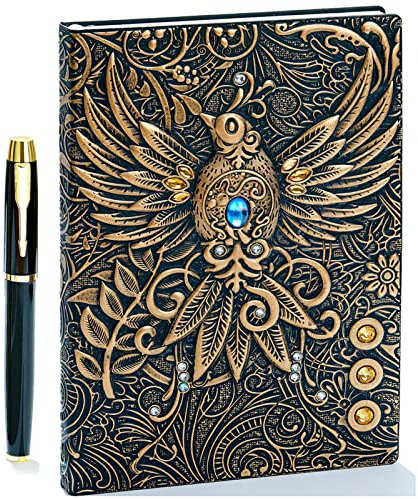 Vintage 3D geprägtes Leder Schreibtagebuch / Notizbuch mit goldenem Stift, A5, 200 Seiten, antikes handgefertigtes Tagebuch und Notizbuch zum Einschreiben, Geschenk für Frauen und Männer