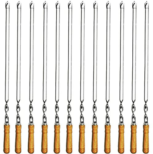 Amestar - Confezione da 12 spiedini Kabob per barbecue, in acciaio inox, resistenti, grandi, riutilizzabili, con manico in legno antiscivolo, ideali per Shish, Kebab, pollo e verdure