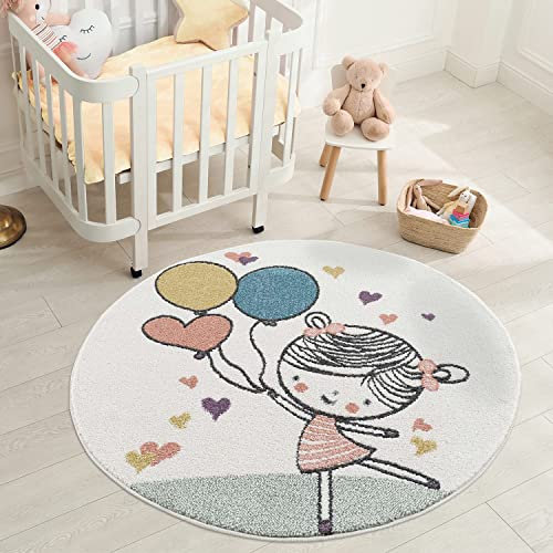 carpet city Kinderteppich - Mädchen Luftballon 120 cm Rund Creme Multi- Kinderzimmer Teppich Modern