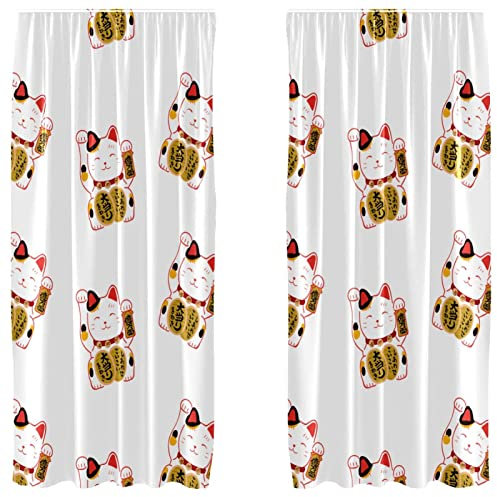 Lot de 2 panneaux de rideaux décoratifs légers avec passe-tringle, 139,7 x 213,4 cm, motif chat porte-bonheur japonais sur fond blanc