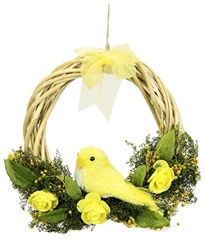 Flair Flower Osterkranz Vogel Blüten Schleife Dekoration Kranz Girlande Künstliche Ostertür Osterdeko Frühlingsdeko Frühling Tür Türdeko Eingangsbereich Blume Wand Fenster, 090274G, Gelb, 20x20x5 cm