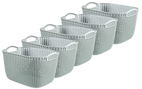 Curver Knit Effect Set of 5 Kitchen, Living room, Bathroom, Bedroom, Utility Large Rectangular Storage Baskets 19 Litres - Misty Blue
