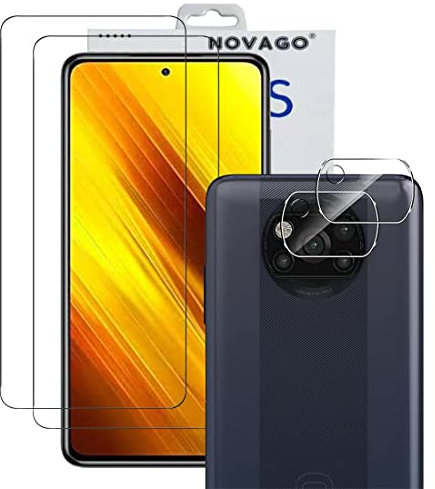 NOVAGO Compatible avec Xiaomi Poco X3 NFC, Poco X3 et Poco X3 Pro- Pack de 4 Films en Verre trempé résistant Anti Choc et Anti Explosion, Deux Verres pour écran et Deux Verres pour Objectif