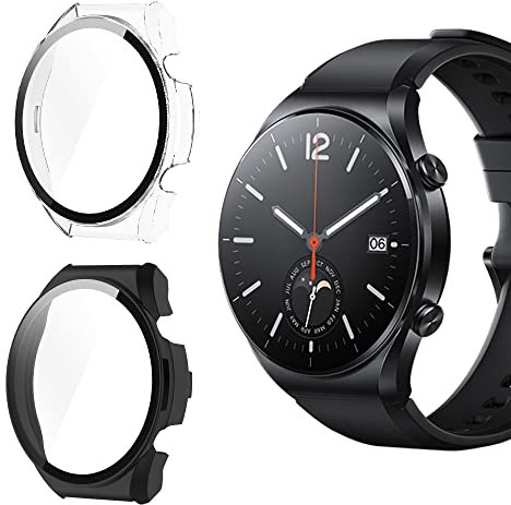 KeeFos 2-Pack Protector Funda Compatible con Xiaomi Watch S1, 9H Anti-Rasguños, PC Protector de Pantalla Funda con 9H Cristal Templado para Xiaomi Watch S1(Negro+Transparente)