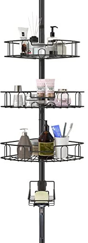 YeYeBest Étagère de douche antirouille pour salle de bain, baignoire avec 4 paniers réglables, 99 à 315 cm, panier d'angle de douche avec poteau de tension pour accessoires de shampooing, noir