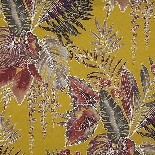 Kt KILOtela - Dekostoff Halbpanama, Digitaldruck, Bio-Baumwolle, Leichte Bezüge, Kissen, Tischdecken, Gardinen, Vorhänge, 100 cm Länge x 280 cm Breite, Coleos Night, Botanik, Senfgelb - 1 Meter