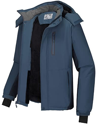 CAMEL CROWN Herren Mountain Snow Wasserdichte Skijacke Abnehmbare Kapuze Winddicht Fleece Parka Regenjacke Wintermantel, Grau / Blau, Medium