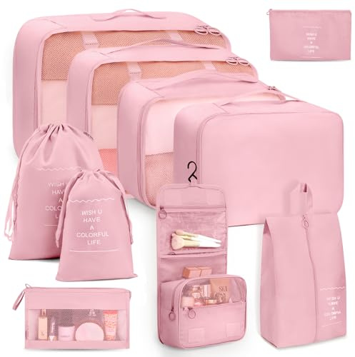 10 pezzi cubi di imballaggio per valigia, organizer impermeabili per bagagli da viaggio impermeabili forniture da viaggio borse organizer per bagagli borse per bagagli a mano, rosa