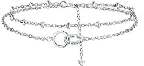 Hifeeled Doppelring Fußkettchen Damen Silber 925 Doppelkette mit Kugelperlen Fusskettchen Sommer Barfuß Strand Fußketten Verstellbar |22cm+4|