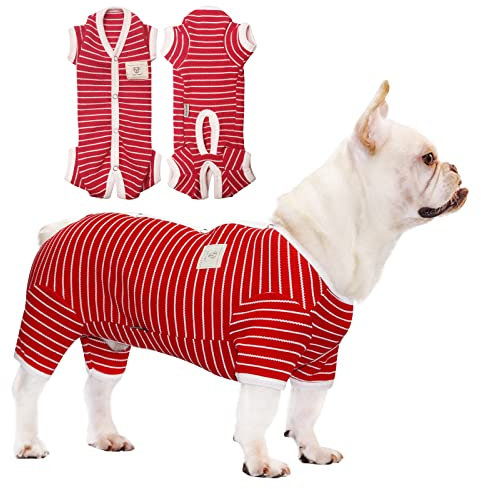 TONY HOBY Hundeschlafanzug, Schlafanzug für Hunde mit 4 Beinen, Hundeoverall mit Waffelstreifen, Hundeschlafanzug für mittelgroße und kleine Hunde (Rot - Junge, S)