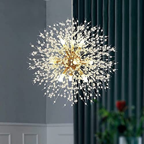 Kristallkrona i guld 9 ljus modern ljuskrona med fyrverkeri ljuskrona dandelion armatur, tak upphängningsbelysning för sovrum ljuskronor, matsal, gång