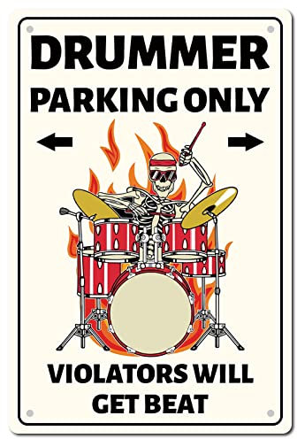 CREATCABIN Drummer Parking Only Metallblechschild Totenkopf Eisenschild Poster Wasserdicht Rechteck Für Wand Haus Zuhause Garage Küche Restaurant Geschäfte Cafés Geschenk Plakette Männer Dekor 20x30cm