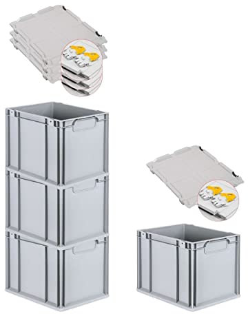 PROREGAL SuperSparSet 4x Eurobox NextGen Economy mit Scharnierdeckel & gelben Verschlüssen | Griffe geschlossen | HxBxT 32x30x40cm | 30 Liter | Eurobehälter Transportbox Transportbehälter