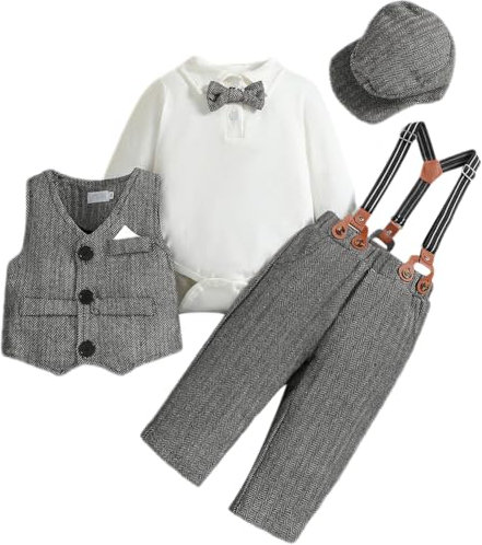 Odizli Baby Anzug Junge Taufanzug Langarm Strampler Body+Hosentr�ger Hose+Weste+Fliege+M�tze 5tlg Bekleidungssets Hochzeit Festlich Babykleidung Taufbekleidung Fotoshooting Grau 0-6 Monate