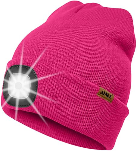 ATNKE LED Beleuchtete Mütze mit Licht,Wiederaufladbare USB 4 LED Beleuchtete Laufmütze Extrem Heller Lampe Winter Warme Stricken Mütze Technik Geschenke für Herren und Damen/Rose Red