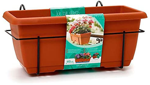 Acan Tradineur - Jardinera para balcón con Plato Integrado y Soporte metálico - Fabricado en plástico - PLFT - Capacidad de 8 litros - 17 x 40 x 19,5 cm - Color Marrón