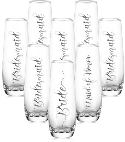 NUPTIO Lot de 8 flûtes à champagne sans pied pour fête prénuptiale - Verre à prosecco pour mariée, demoiselle d'honneur, demoiselle d'honneur, mariage - Argenté transparent