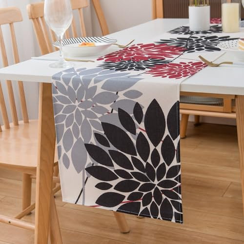 LRartdeco Tischläufer 40x140cm Tischband Schwarz Rot Abstrakt Blume Dekor Tisch Läufer 1er Set Waschbar rutschfest Tischdecke Leinen zur Deko von Tv-Schrank Schließfächer Esstisch