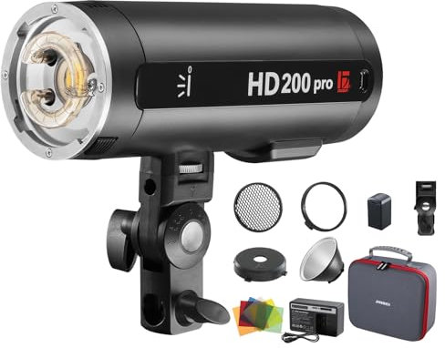 HD-200pro Lampe Flash Stroboscopique Portable Alimentée par Batterie 5500K±150K 2.4G avec Lampe Pilote LED 15W 0.05~1.3S Temps de Recharge pour la Photographie en Extérieur