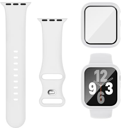 Joehwerr 3-in-1 for Apple Watch Straps 45mm with Case & Screen Protector, Silicone Sport Strap and Protective Cover with 9H Tempered Glass for iWatch Series 9/8/7, White