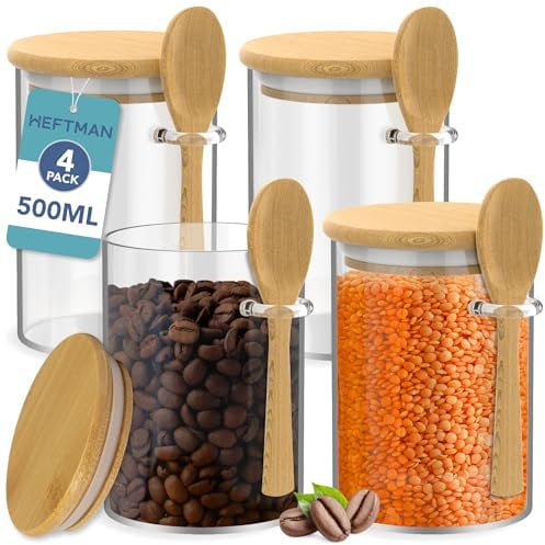 HEFTMAN Glass Jars with Bamboo Lids - 500ml, 4 Pack Glass Storage Jars with Lids Airtight Silicone Seal and Spoons, Ideal for Coffee, Sugar, Spices, Hot Chocolate Station