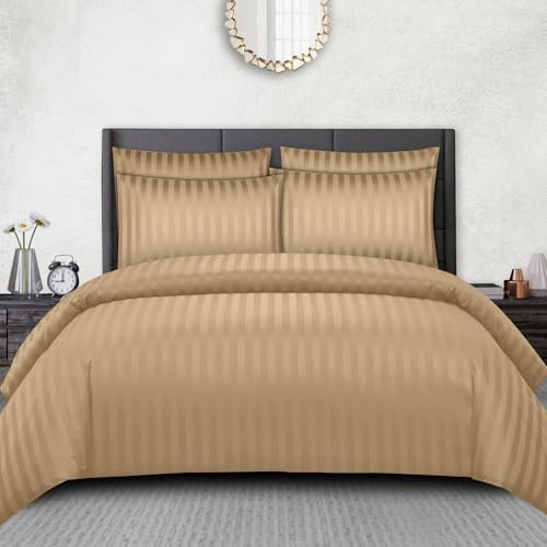 Pamposh Set di biancheria da letto in raso, per letti matrimoniali, a righe, in microfibra ultra morbida anallergica, per hotel