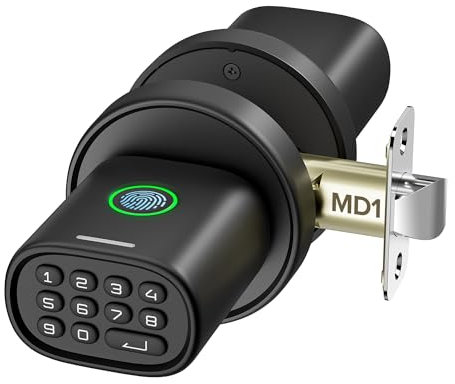 ThorBolt Keyless Entry Door Lock, Fingerprint Door Lock with Keypad Biometric Door Knob, Auto-Lock for Interior Doors Thickness up to 2-1/4, Bedroom, Home Office, Garage, 4xAA Alkaline, MD1 Black