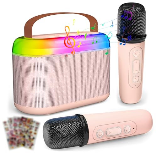 TiMOVO Macchina Karaoke per Bambini, Mini Altoparlante Bluetooth Karaoke Portatile con 2 Microfoni Wireless e Luci LED, Lettore Musicale per Bambini Regali di Compleanno Giocattolo con Adesivi