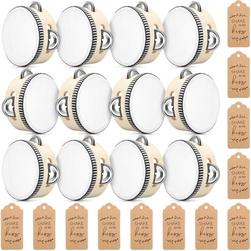 Boao 12 Sets 15,2 cm Hochzeits-Tamburine für Erwachsene, Holz, Handtrommel, Metallschellen mit Etiketten, Seil, Percussion, Musikinstrument für Kirche, Hochzeit, Party, Gastgeschenk