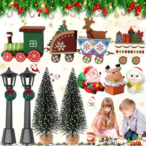 dcas 8 Pièces Petits Train De Noël en Bois Arbre De Noël Kit, Miniature Christmas Decorations Train en Bois, Mini Cadeaux De Décoration De Train De Noël pour La Fête De Noël, Wapiti/Le Père Noël
