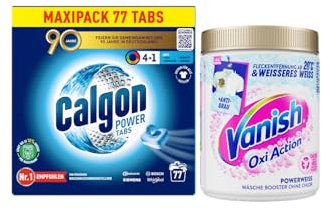 Calgon 4 in 1 Power Tabs - Wasserenthärter gegen Kalkablagerungen - 77 Tabs & Vanish Oxi Action Powerweiss Fleckenentferner Pulver 550g – Fleckenentferner und Wäsche-Booster Pulver ohne Chlor