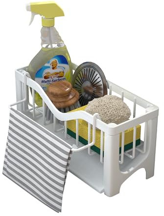 GOOPOOL Rangement Eponge Evier Cuisine, Repose Eponge, Organisateur Evier Cuisine, Porte Eponge Evier Cuisine avec Vidange Automatique, Organisateur d'évier, Support Éponge, Plastique, Blanc