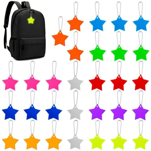 30 Stück Sicherheits Reflektor Anhänger, 10 Farben Stern Reflektor Anhänger, Kinder Reflektor Anhänger, Reflektor Anhänger für Schultasche Rucksack Radfahren Gehen Laufen Rollstuhl Mitgebsel